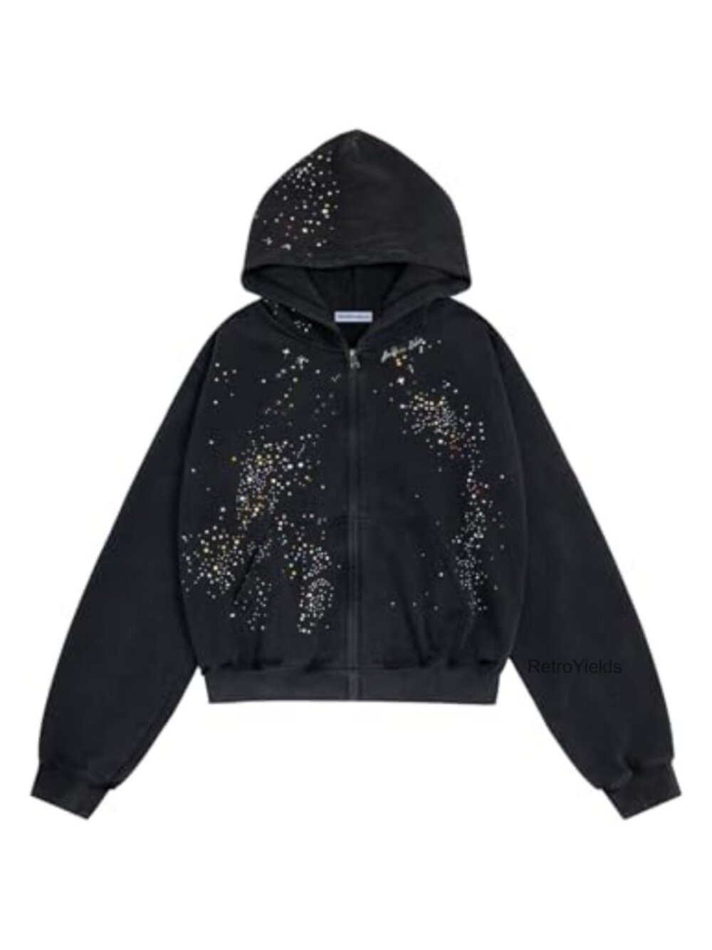 Unisex Rhinestone Star Zip Up Hoodie Y2K Streetwear Loose Fit Cotton Crystal